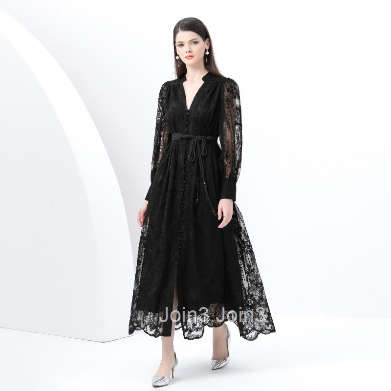 6280 Early Spring New Womens Elegance Style V-neck Lantern Sleeve Embroidered Large Hem Long Dress