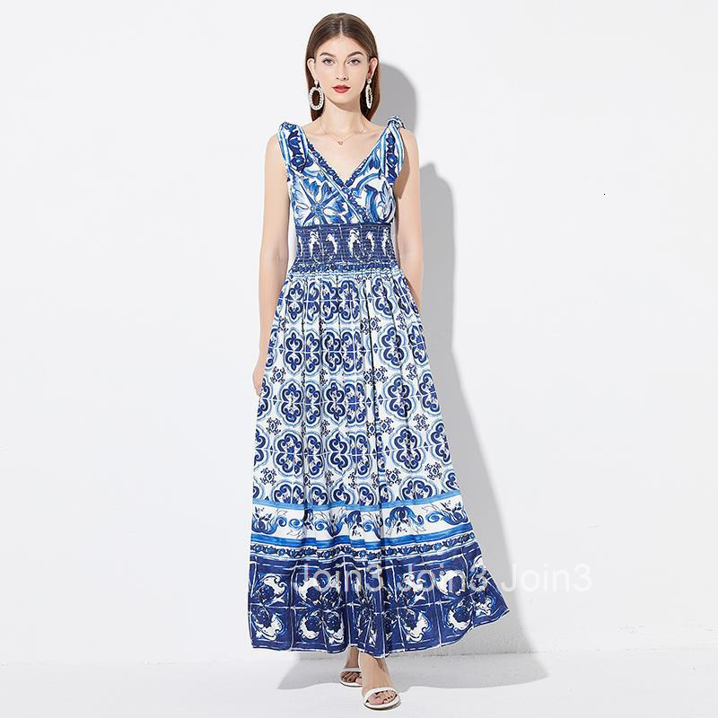 499 Summer Sexy V-neck Printed Elastic High-waisted Dress with Bow Tie Slim Fit Flared Dress