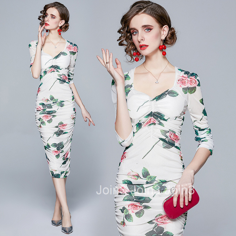 6147 Spring Summer Womens Mesh Printed Elegant Slim Fit Bodycon Sexy Three-quarter Sleeve Mid-length Dress