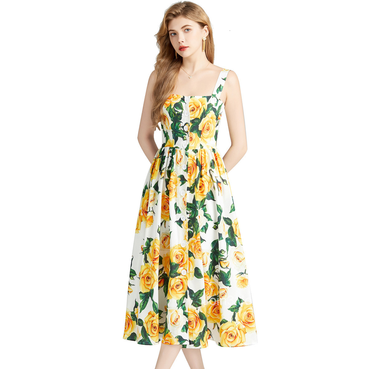 6833 Summer New Womens Fashion Elegant Printed Strap Waist Sleeveless A-line Dress Large Hem Midi Dress
