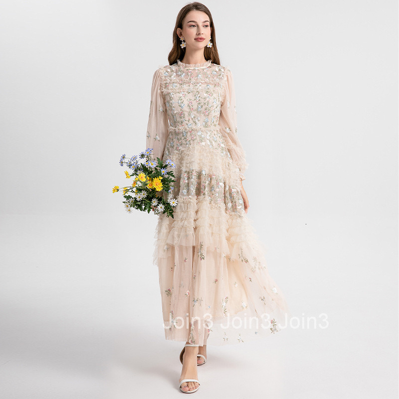 580 Autumn New Womens Clothing Countryside Forest Style Colorful Embroidered Mushroom Edge Large Pendant Long Dress