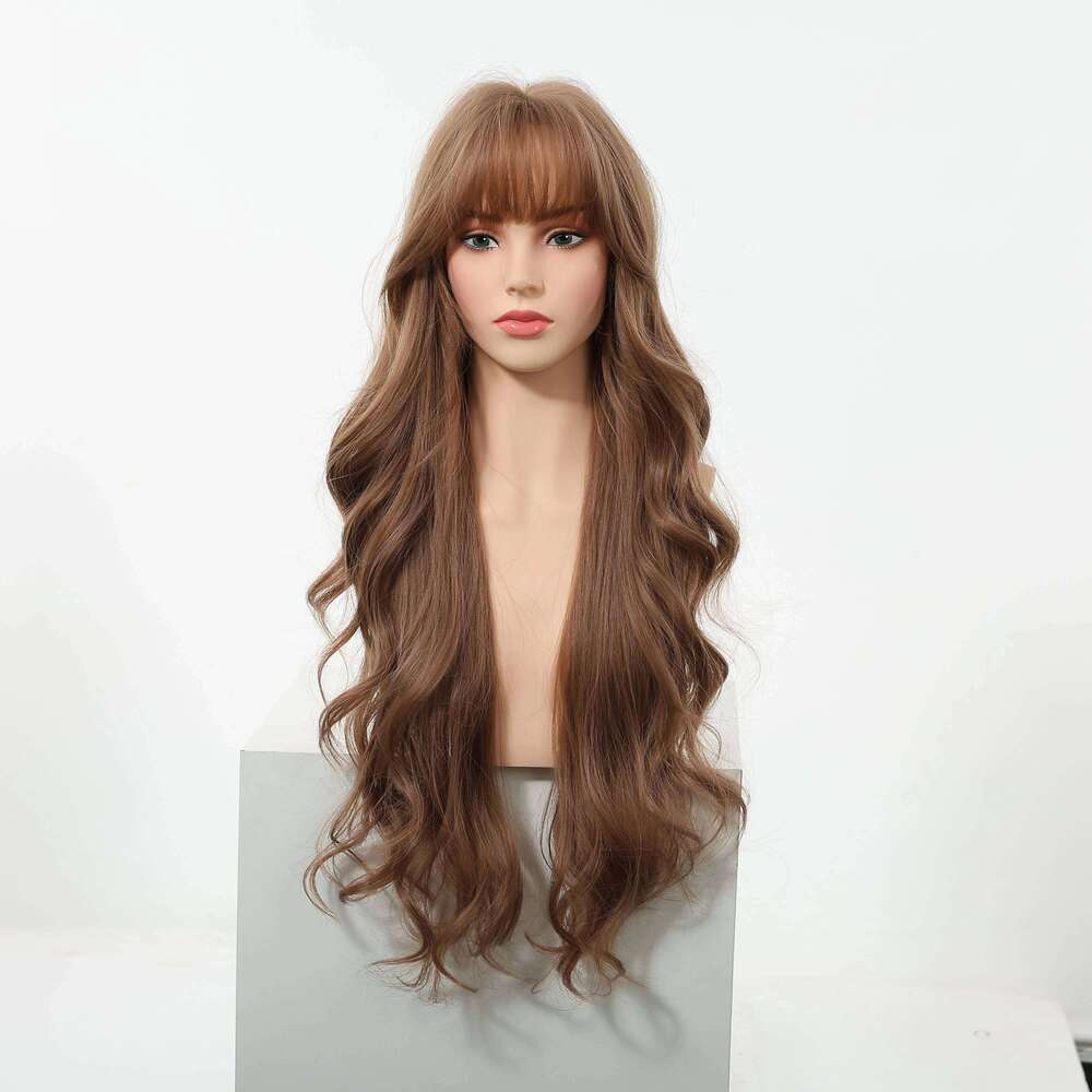 EASIHAIR Long Wavy Synthetic Women Natural Curly Brown Hair Wigs for With Bangs Daily Use Cosplay Heat Resistant