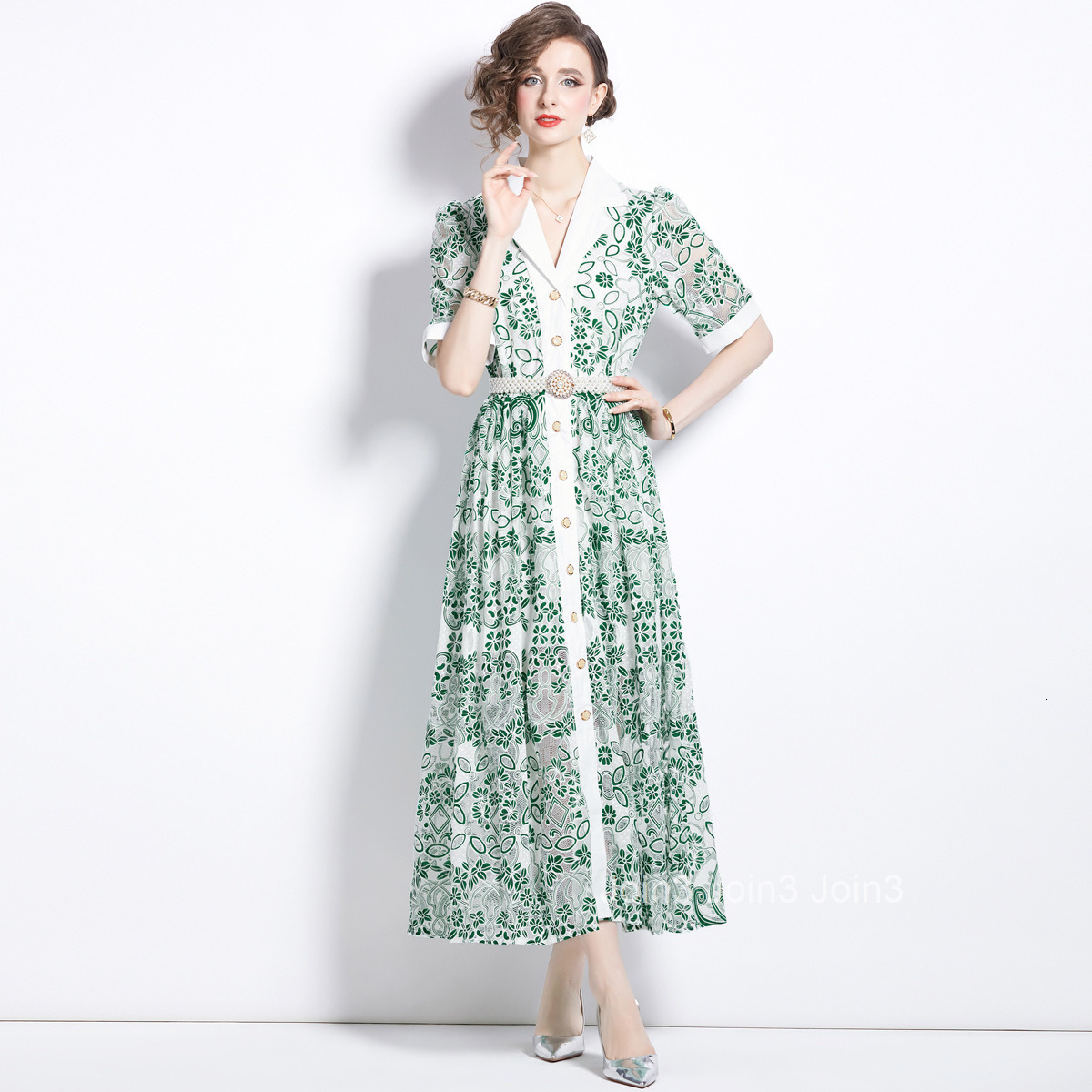 1644 Summer New Womens Casual Collar Single breasted Short sleeved Mesh Hollow Embroidered Dress