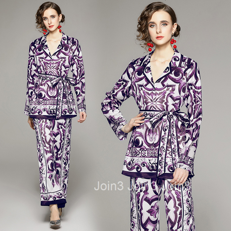 6067 Fashion Suit Set with Printed Shirt and High-Waisted Straight-Leg Wide-Leg Pants