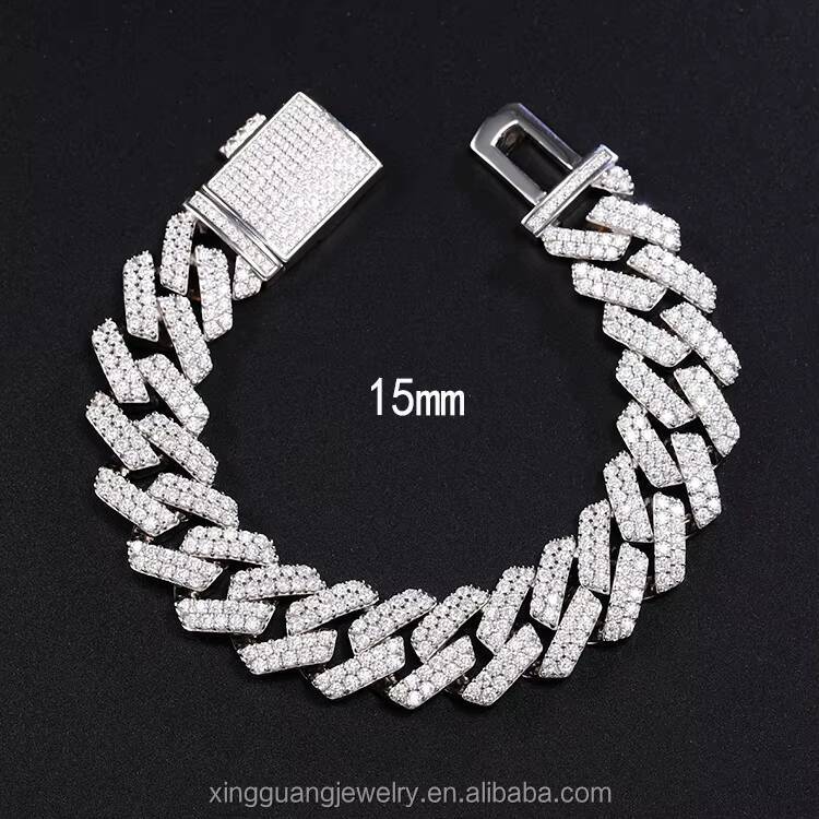 Fashion Design 15mm Wide 2Rows Moissanite Diamond S925 Sterling Cuban Link Chain