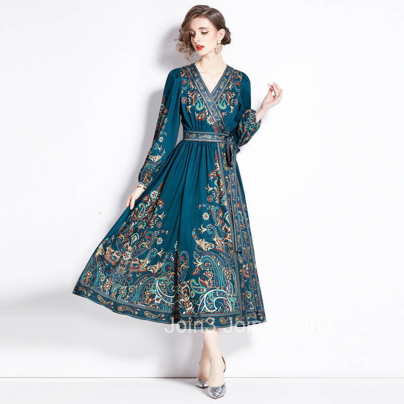 2372 Early Spring New Womens V-neck Ethnic Style Long Sleeve Printed Tie Large Hem Long Dress