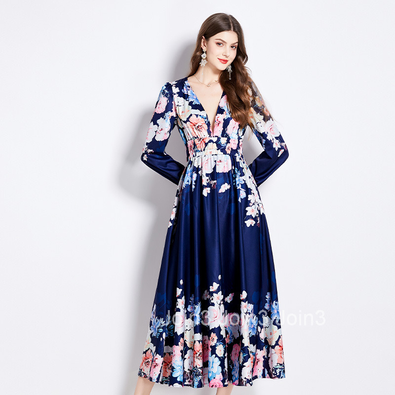 2526 Spring and Autumn New Womens Clothing Elegance Style Dress Elegant V-neck Waist-cinching Slimming Flared Dress