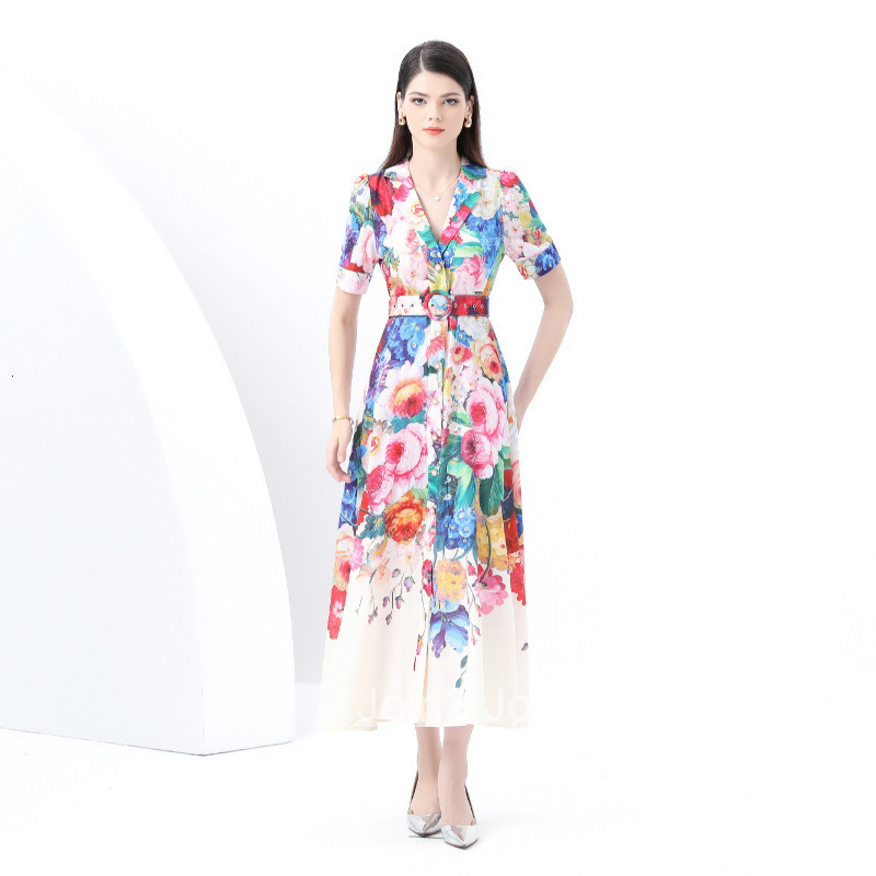 6073 Early Spring New Womens Vacation Style Suit Collar Short Sleeve Flared Printed Long Dress