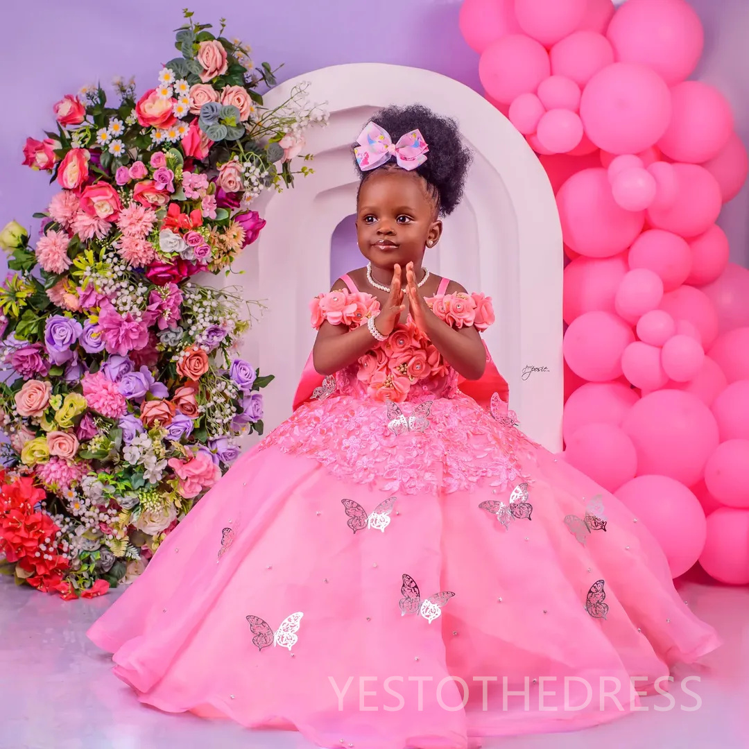 2025 Pink Flower Girl Dresses Children Birthday Dress Illusion Spaghetti Straps Flora Applique Beaded Lace Tiered Tulle Princess Queen Ball Gown For M