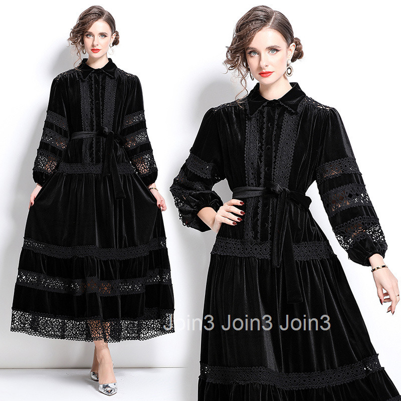 6578 autumn and winter new style lace hollow out temperament velvet long skirt dress
