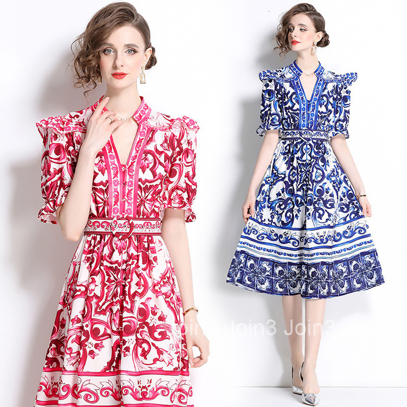 8752 Fashion Elegance Style Stand Collar Single-Breasted Blue and White Porcelain Print Dress