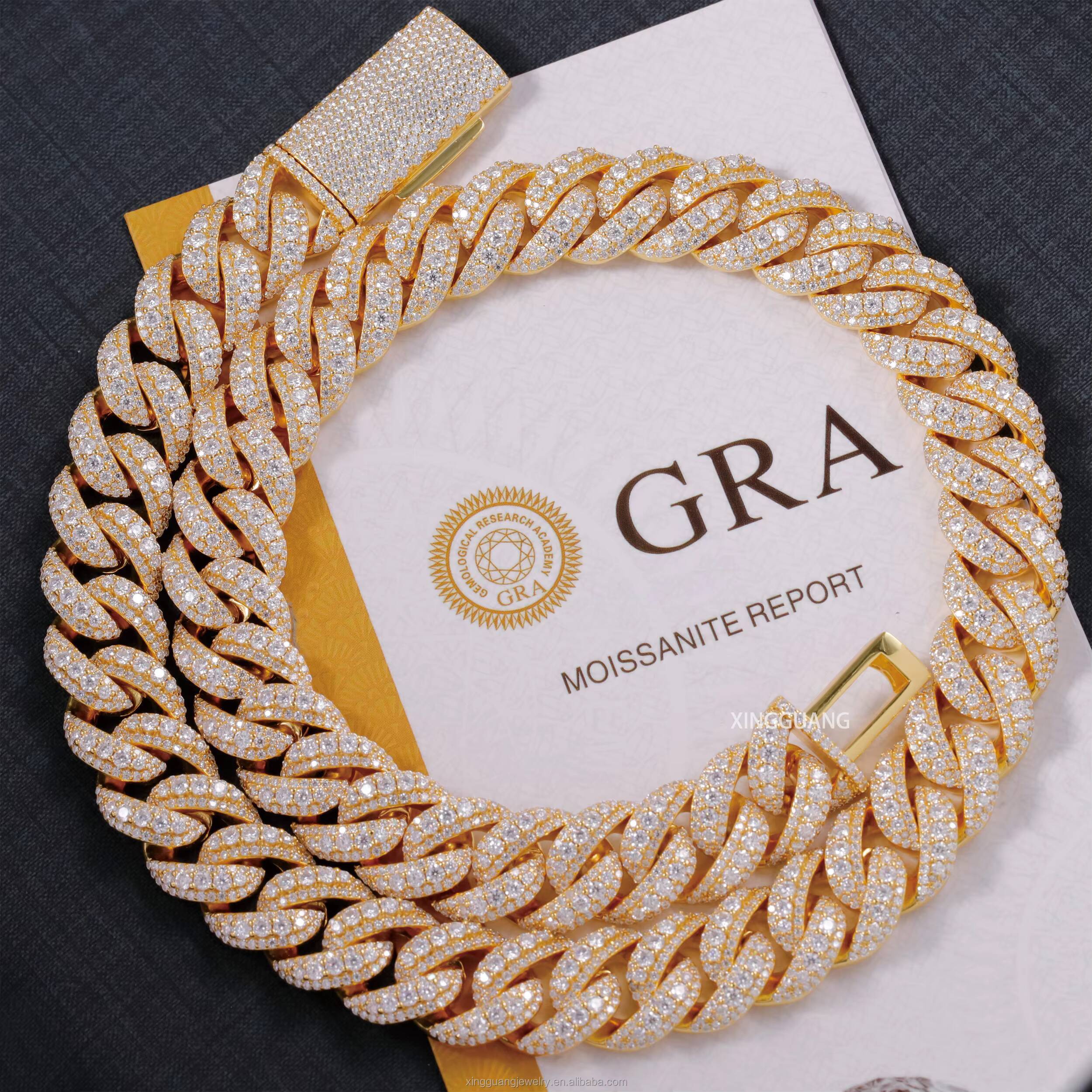 Hip Hop 14/16/18MM Full Iced Out Large Moissanite in the Middle Chain S925 18K Gold Plated VVS Diamond Cuban Link Chain Necklace