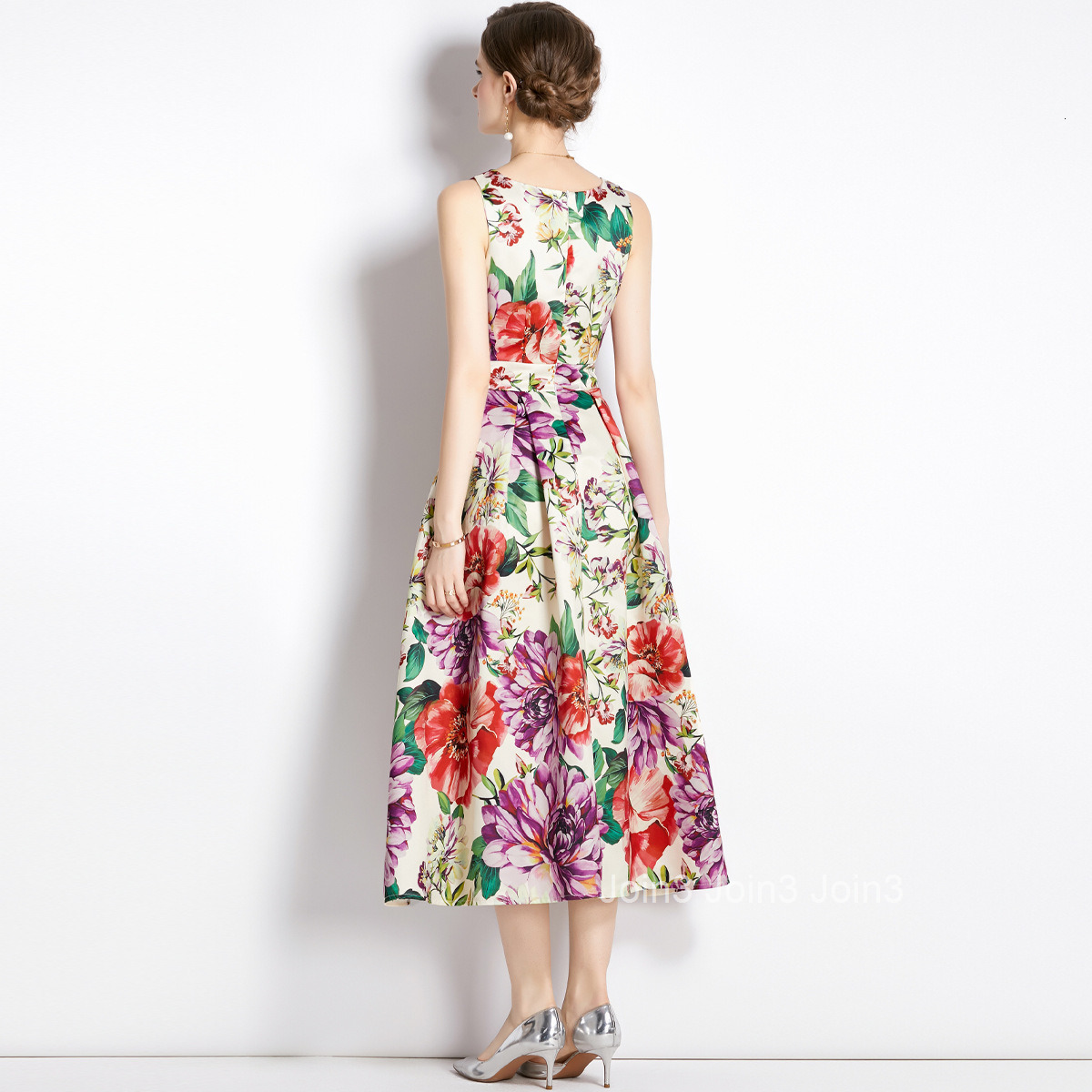 6178 Summer New Womens Printed Sleeveless High Waist Dress with Slim Fit and Wide Waist Large Swing Long Dress