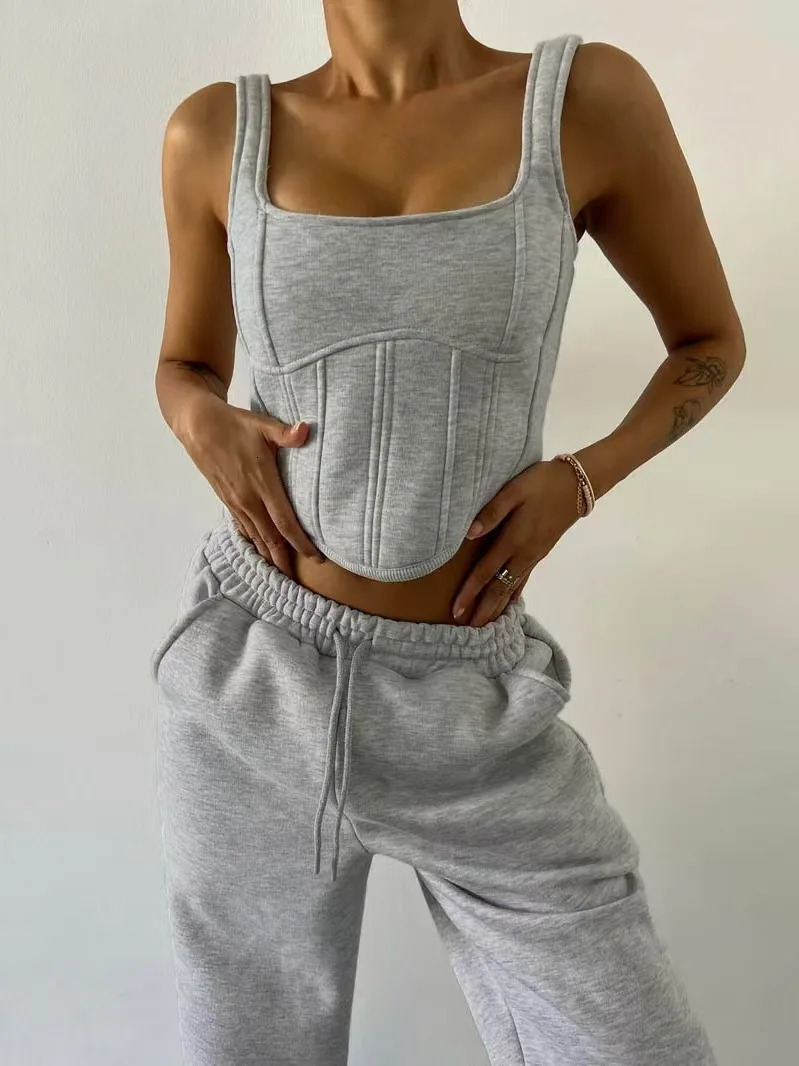 Y2K Corset and Hoodies Pants Sets Sexy Strap Crop Tops Patchwork Fishbone Bandage Corsets Casual Jogger Elastic Waist Pants Suit 250714