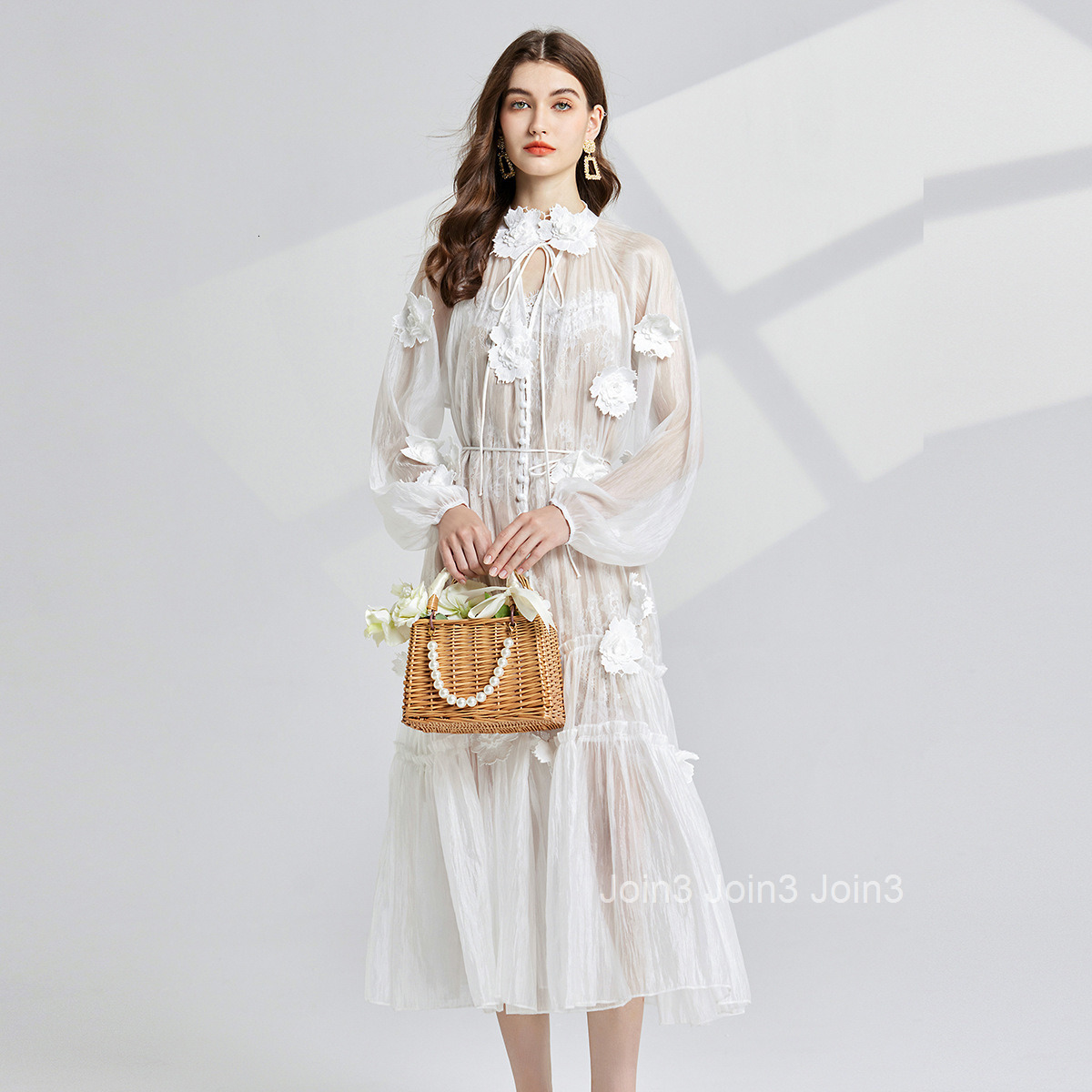 715 Autumn New Three Dimensional Flower Embroidered Lace Dress+Double layer Eyelash Lace Strap Set Two Piece