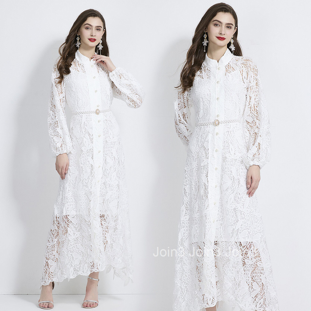 2114 Water soluble lace stand up collar lantern sleeves pearl belt waist cinching temperament long skirt dress two-piece set