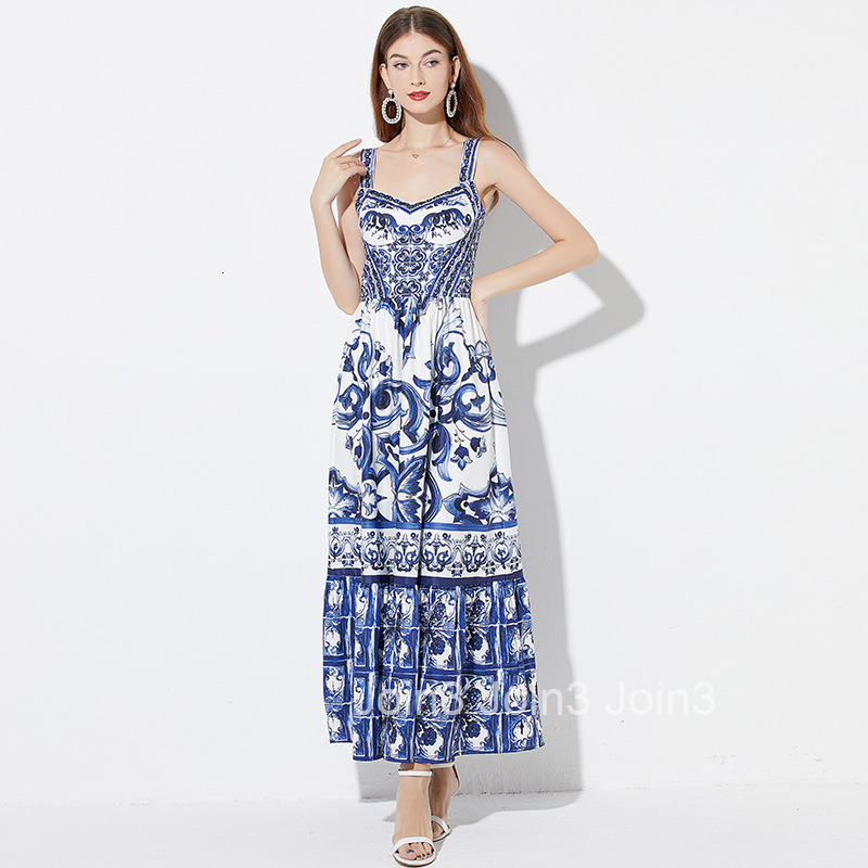 485 summer womens printed suspender long dress with slim fit and waist cinching back elastic A-line skirt