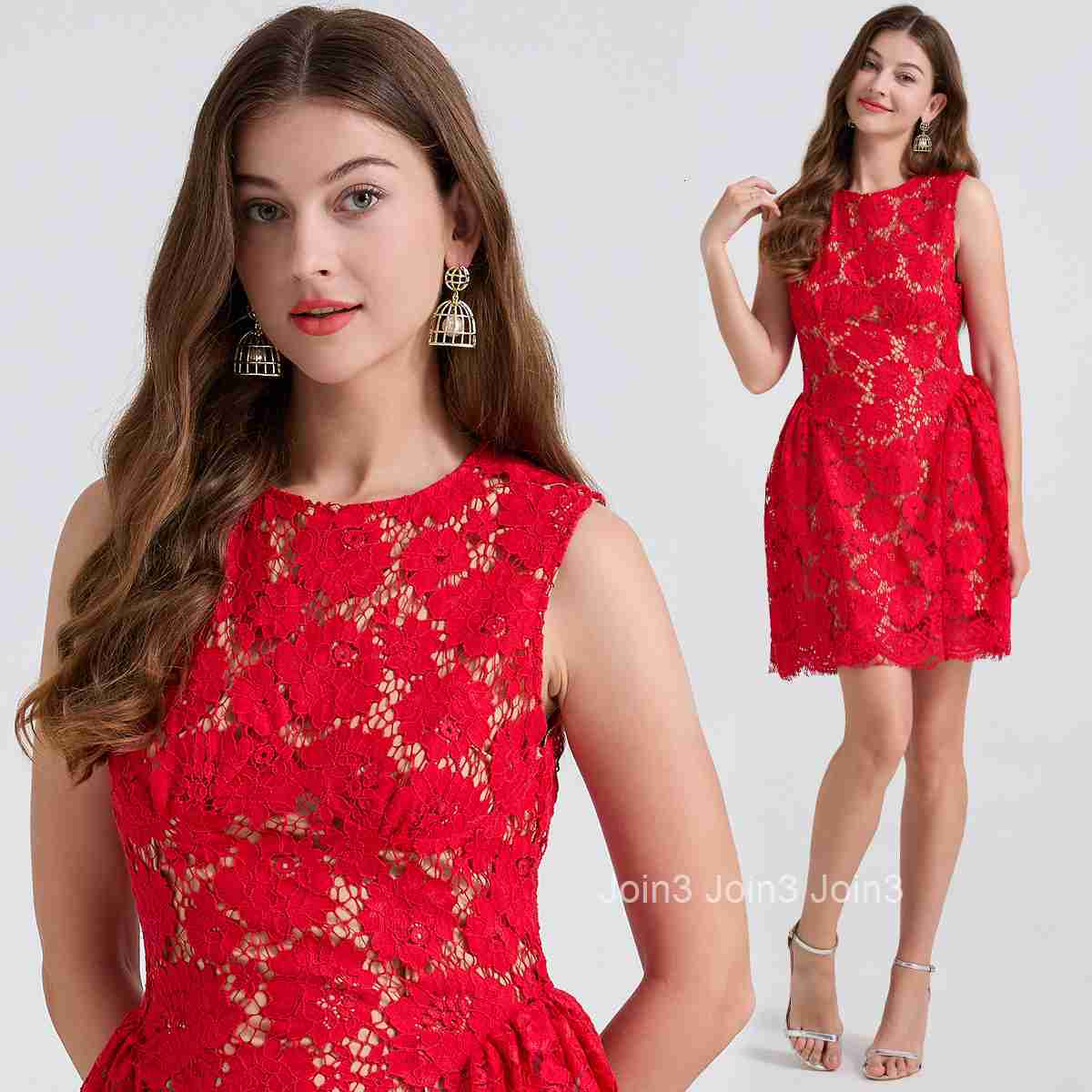 797 Lace Eyelash Puffy Vest Round Neck Dress Slim High Waist Dress