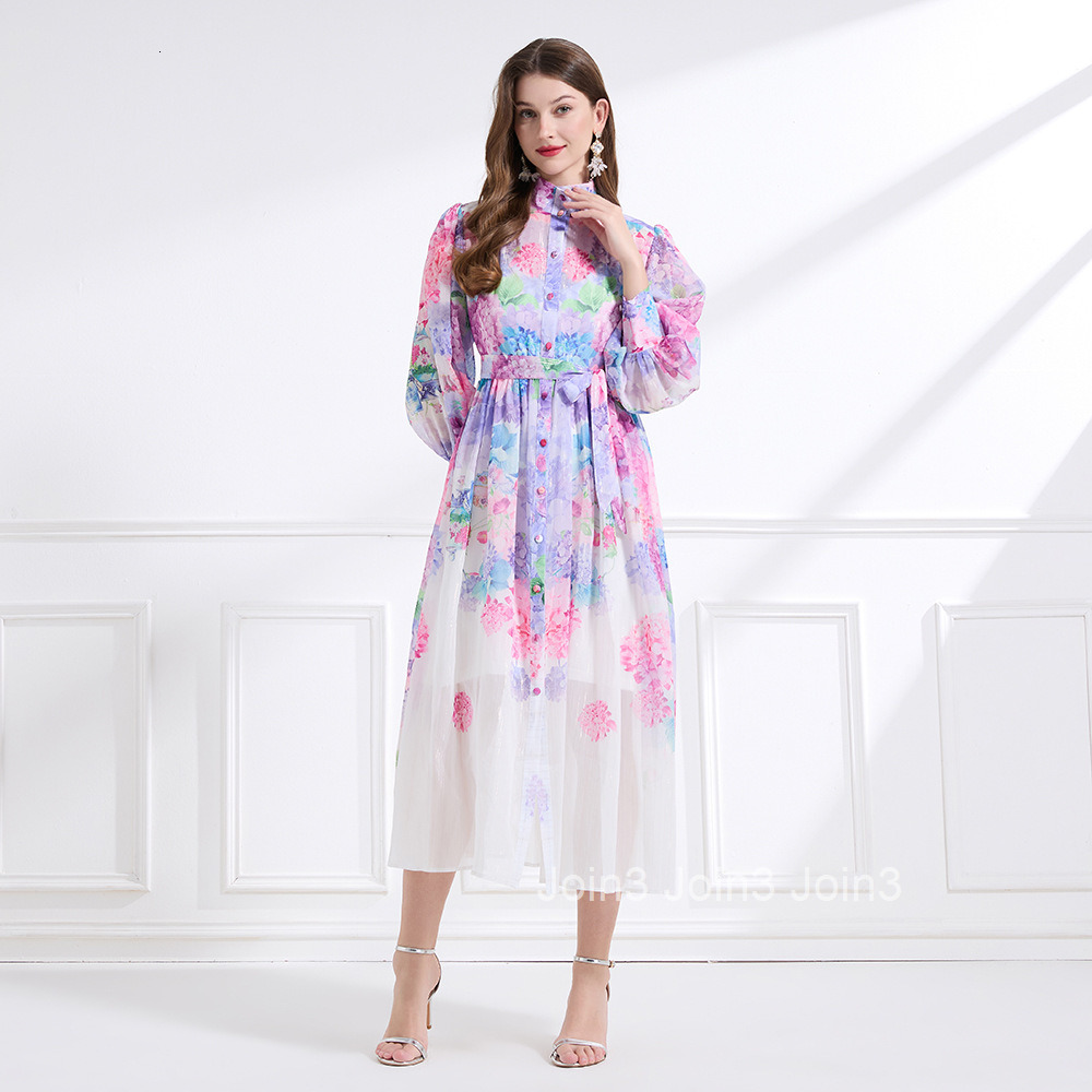 2184 Spring New Womens Clothing Stand Collar Printed Lantern Sleeve Waist Cinching Flared Long Dress Two-Piece Set