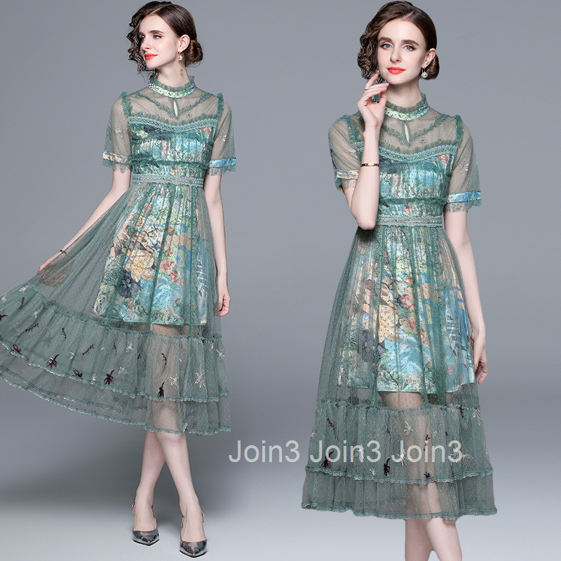 6994 Summer New Womens Fashion Elegant Embroidered Beaded Polka Dot Short Sleeve Flared Long Dress Mesh Dress