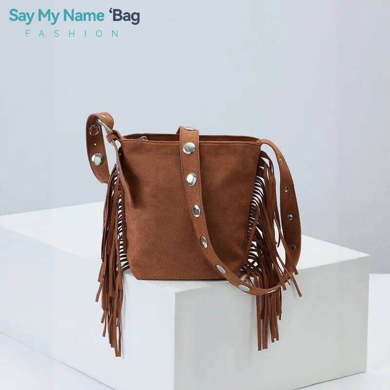 Vintage Faux Suede Messenger Bags For Women Designer Handbag Purses 2025 New In Rivet Trim Tassel Small Underarm Shoulder