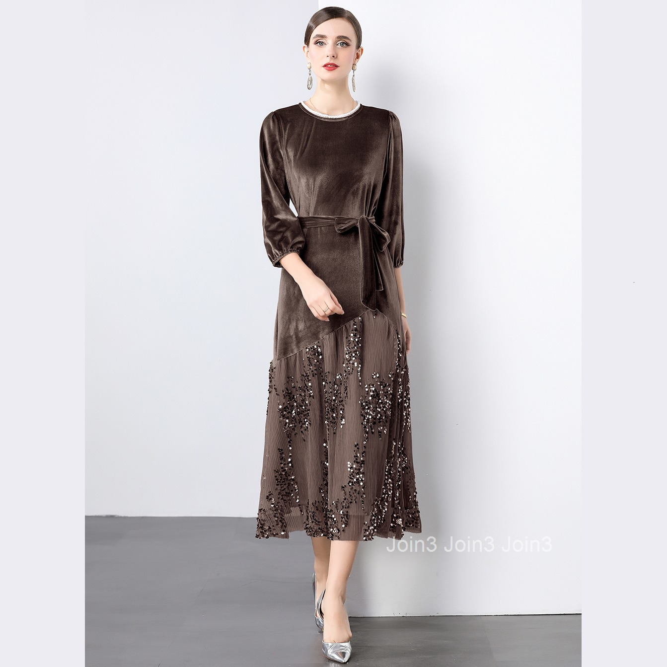 9865 temperament lace sequin spliced velvet dress