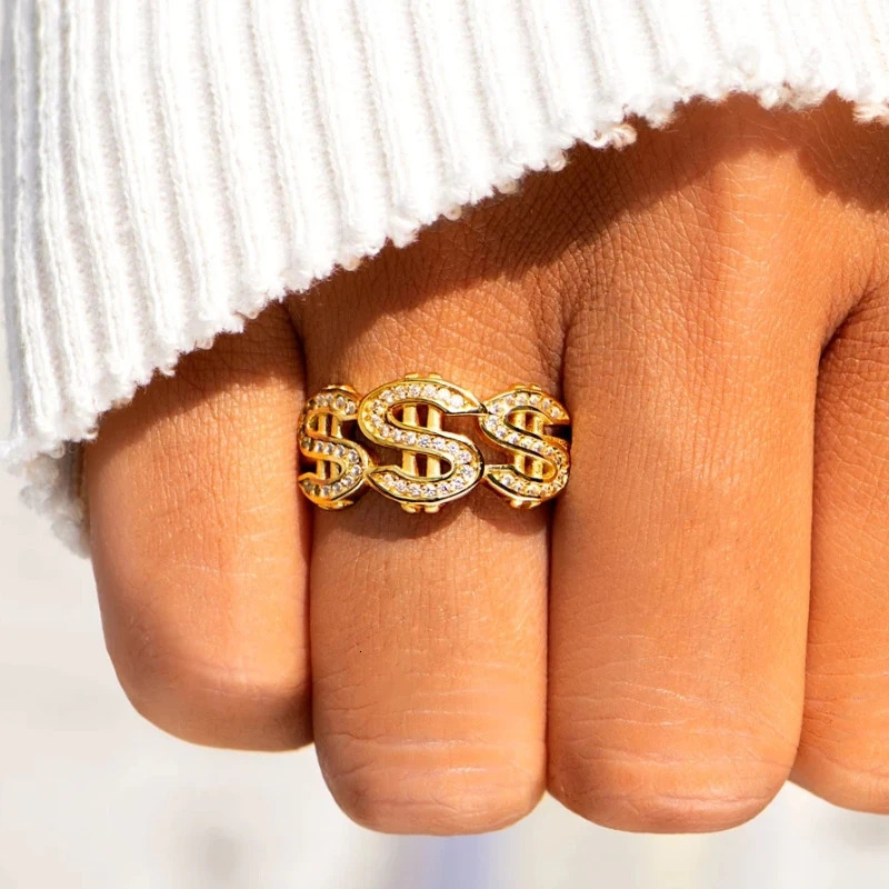 Huitan Fashionable USD Dollar Sign Ring for Women Gold Color Shiny CZ Hip Hop Finger Jewelry Daily Party Accessories 250717