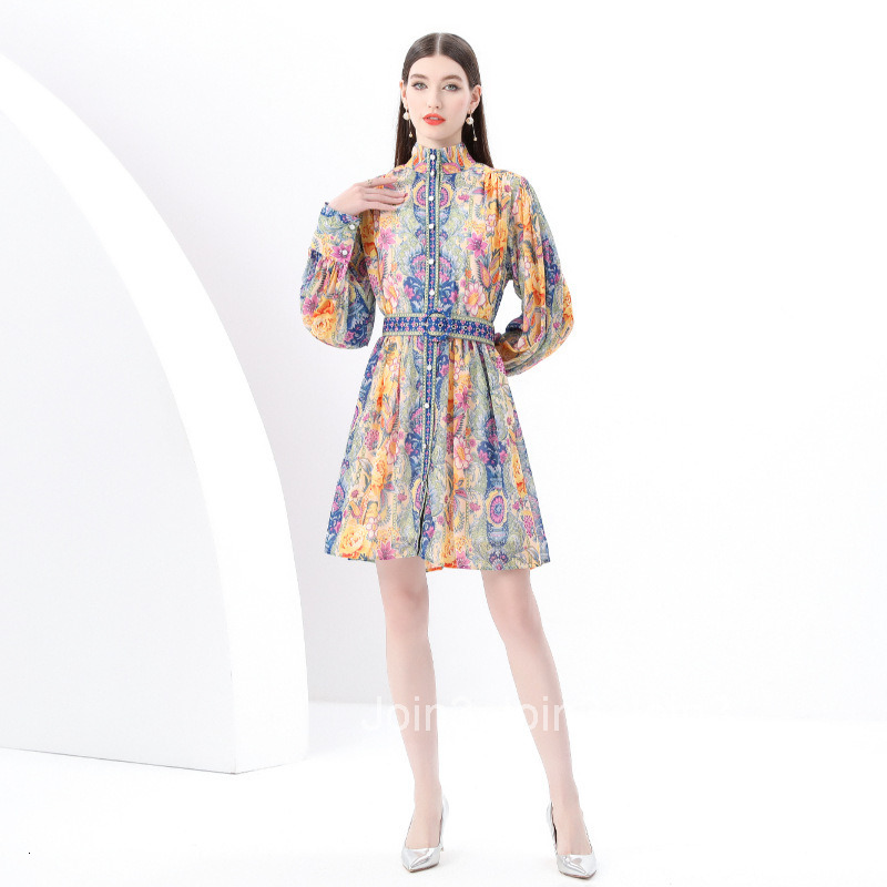 6161 Early Spring New Womens Fashion Stand up Collar Lantern Sleeve Short Skirt Printed Dress Two Piece Set