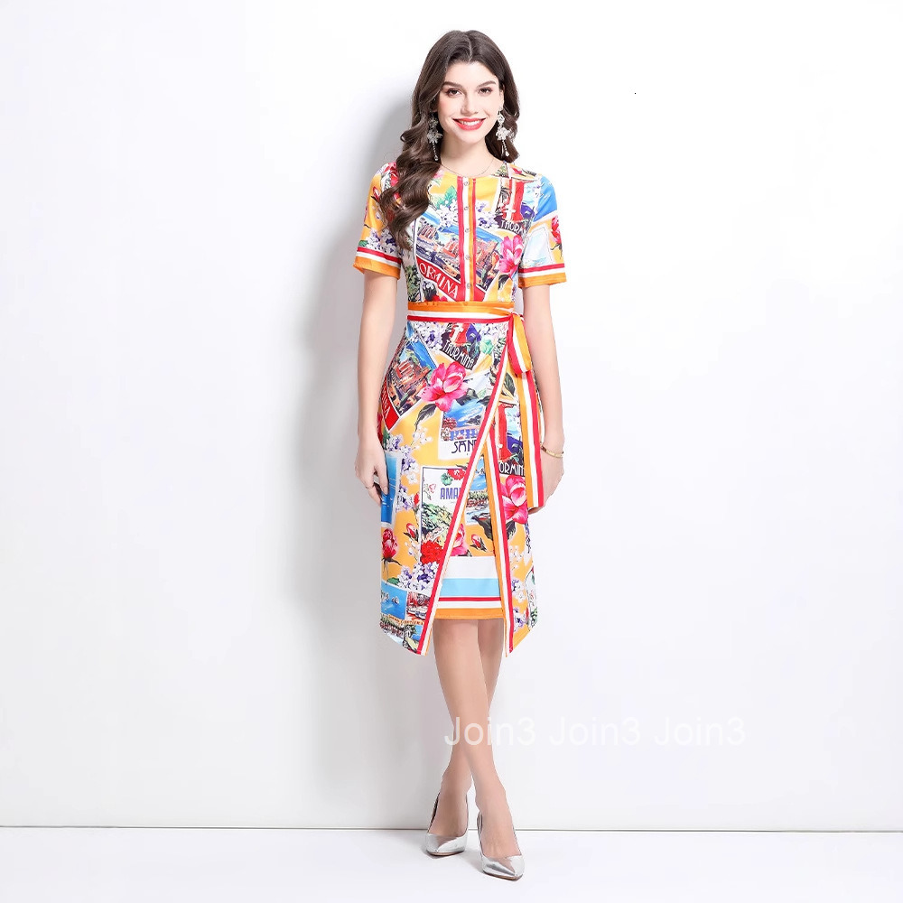 2614 Spring/Summer New Womens Vacation Style Painted Oil Painting Style Short Sleeve Slimming Middle Skirt Dress