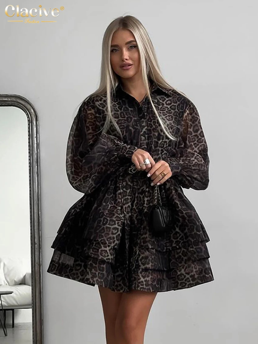 Clacive Fashion Leopard Print WomenS Dress Vintage Lapel Long Sleeve Mini Dresses Elegant High Waist Pleated Female Dress 250715