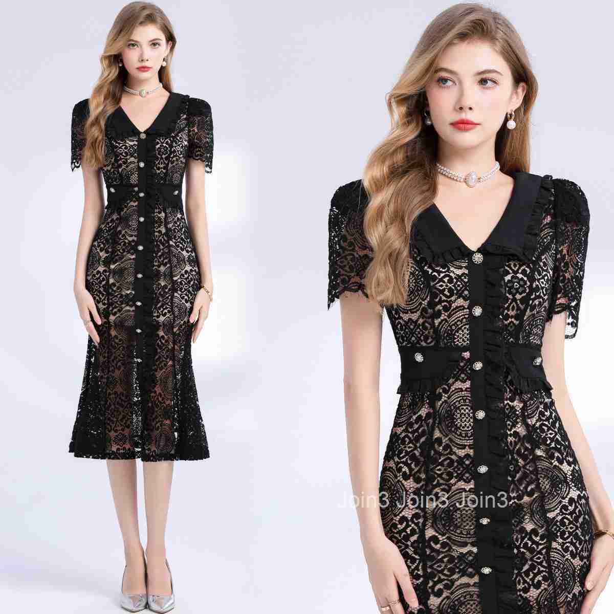 9667 Slimming Elegant Dress Ladylike French Style Slim Fit Fashionable Short Sleeve Collar Mermaid Bodycon Dress