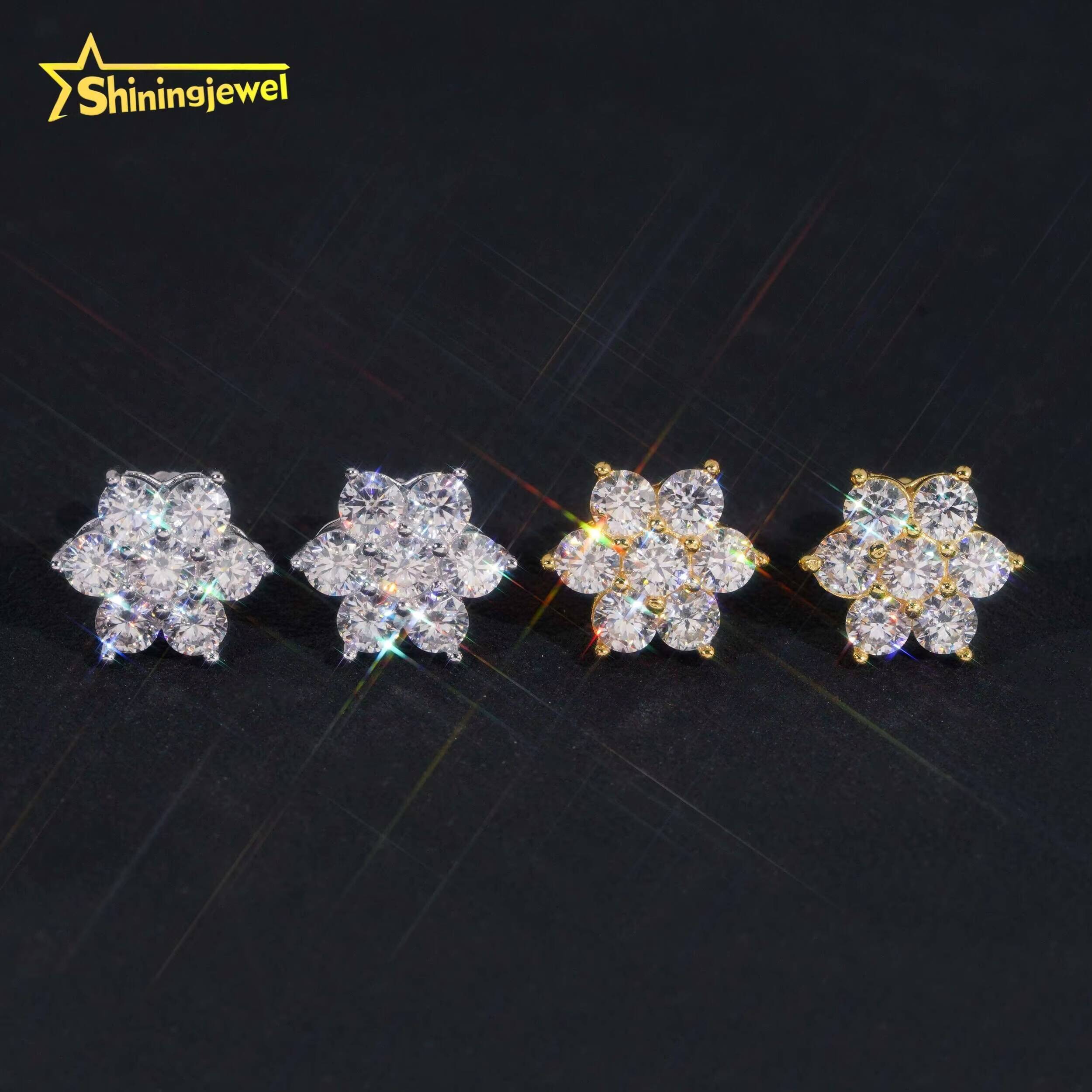 Hip Hop Mens Screw Back Cluster Snowflake 925 Sterling Silver Gold Plated Moissainte Stud Earrings