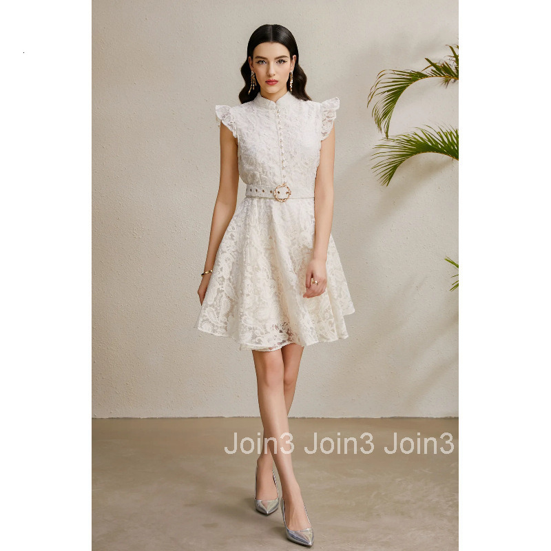 8869 Early Autumn Elegance Style Stand Collar Sleeveless Gathered Wide Hem Embroidered Dress