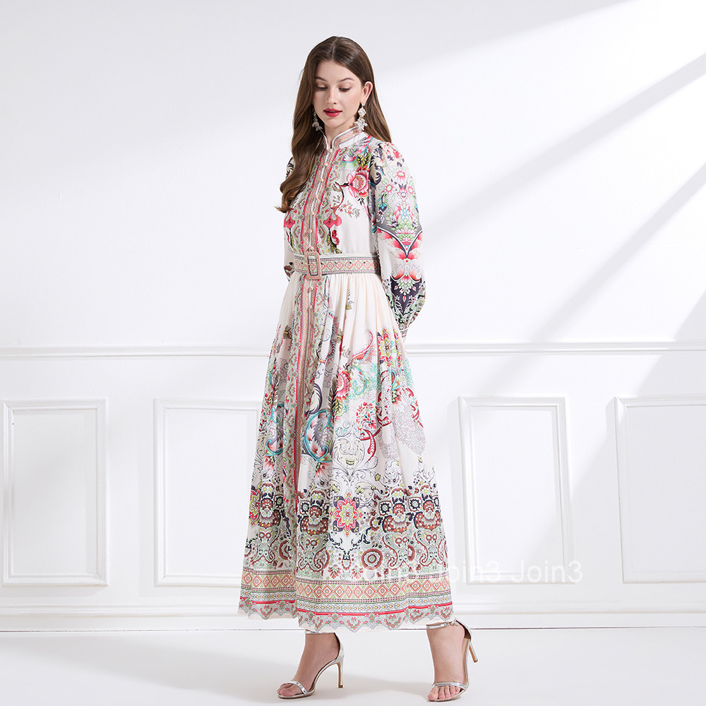 2175 Spring New Womens Clothing Elegance Style Stand Collar Printed Lantern Sleeve Long Dress