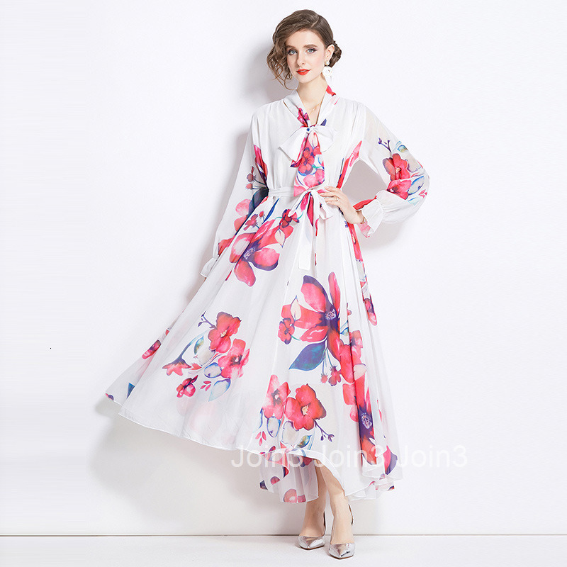 9357 Spring and Autumn New Womens Fashion Elegant Chiffon Printed Long Sleeve Slim Fit Flared Long Dress