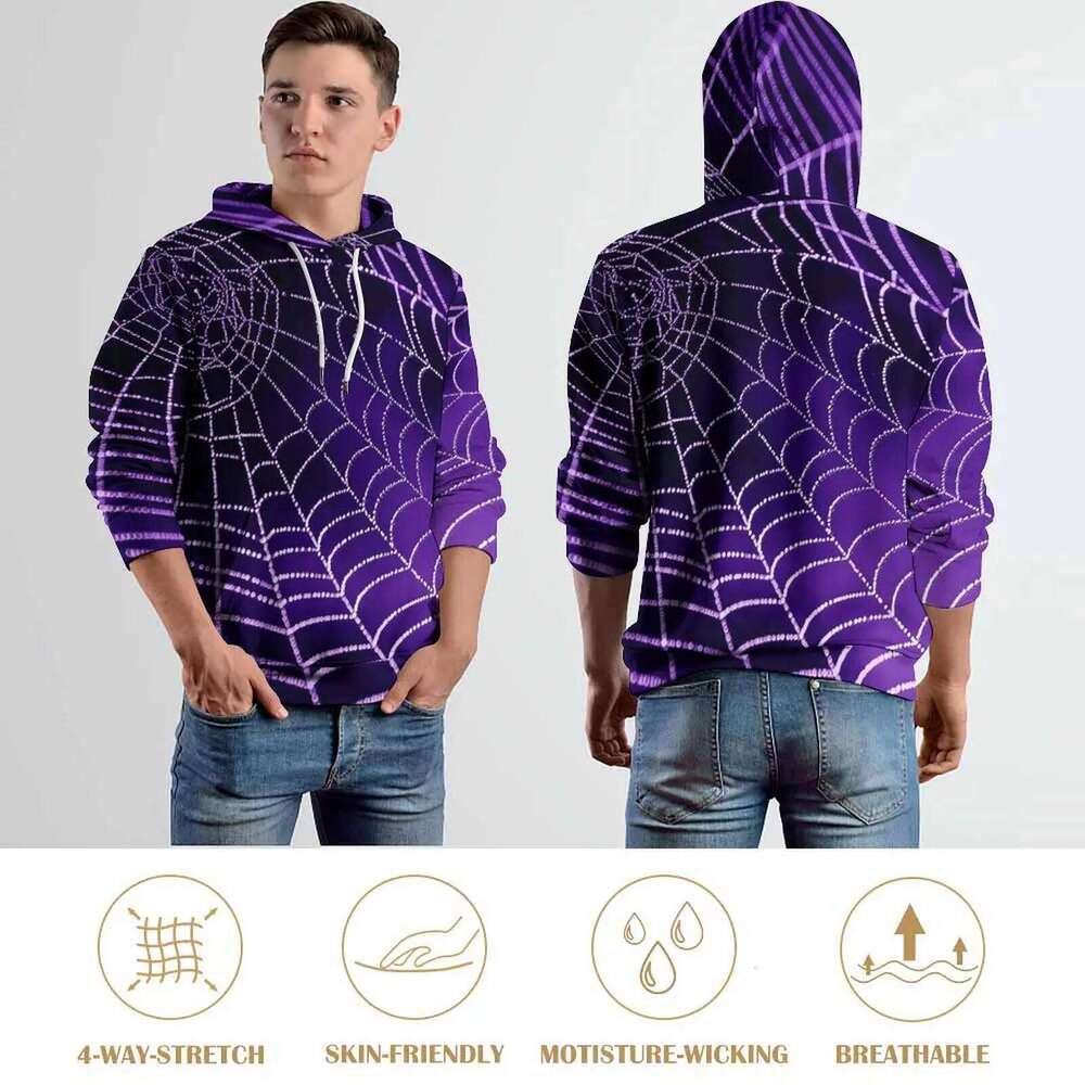 Halloween Loose Hoodies Purple Spider Web Aesthetic Hoodie Male Long Sleeve Oversized Streetwear Design Clothing