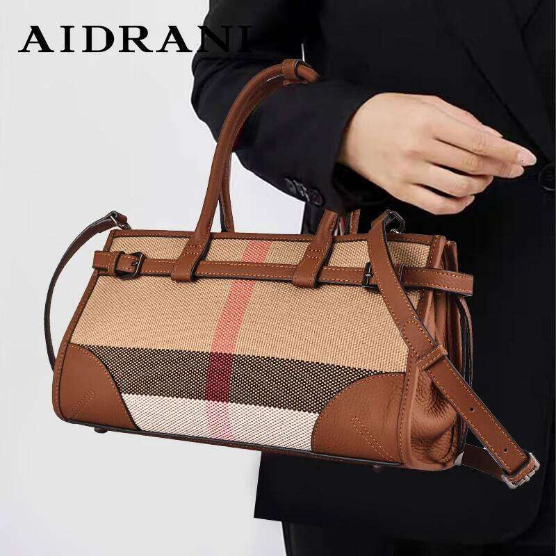 Aidrani Genuine leather women's handbag large capacity plaid canvas splicing cowhide square bag
