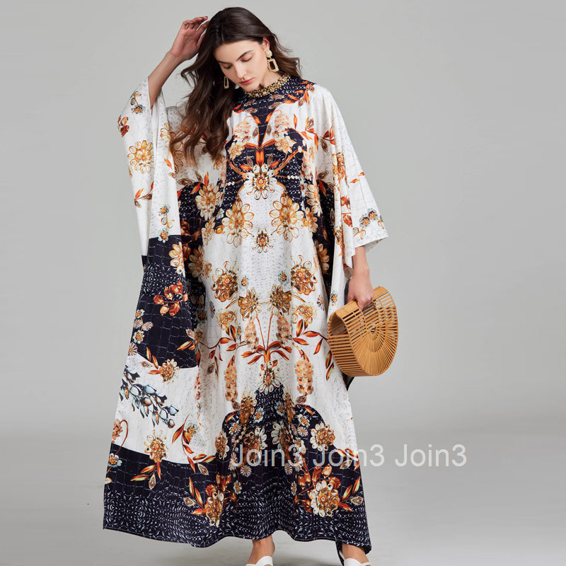 671 Autumn New Womens Vacation Style Printed Round Neck Split Long Skirt with Nail Drill Loose Dress