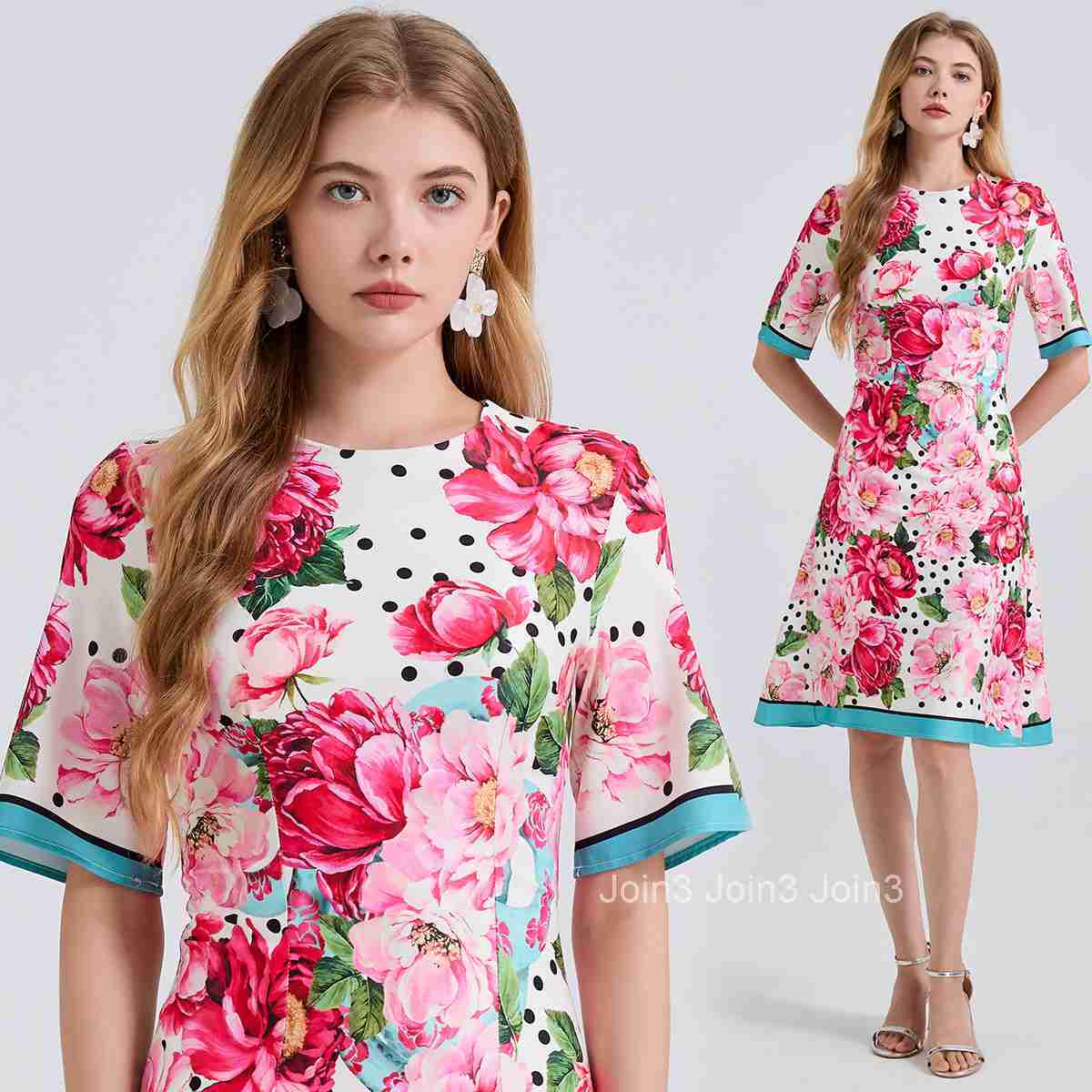 820 Summer New Printed Positioning Round Neck Slim High Waist Dress Slim Fit Mid Sleeve Dress