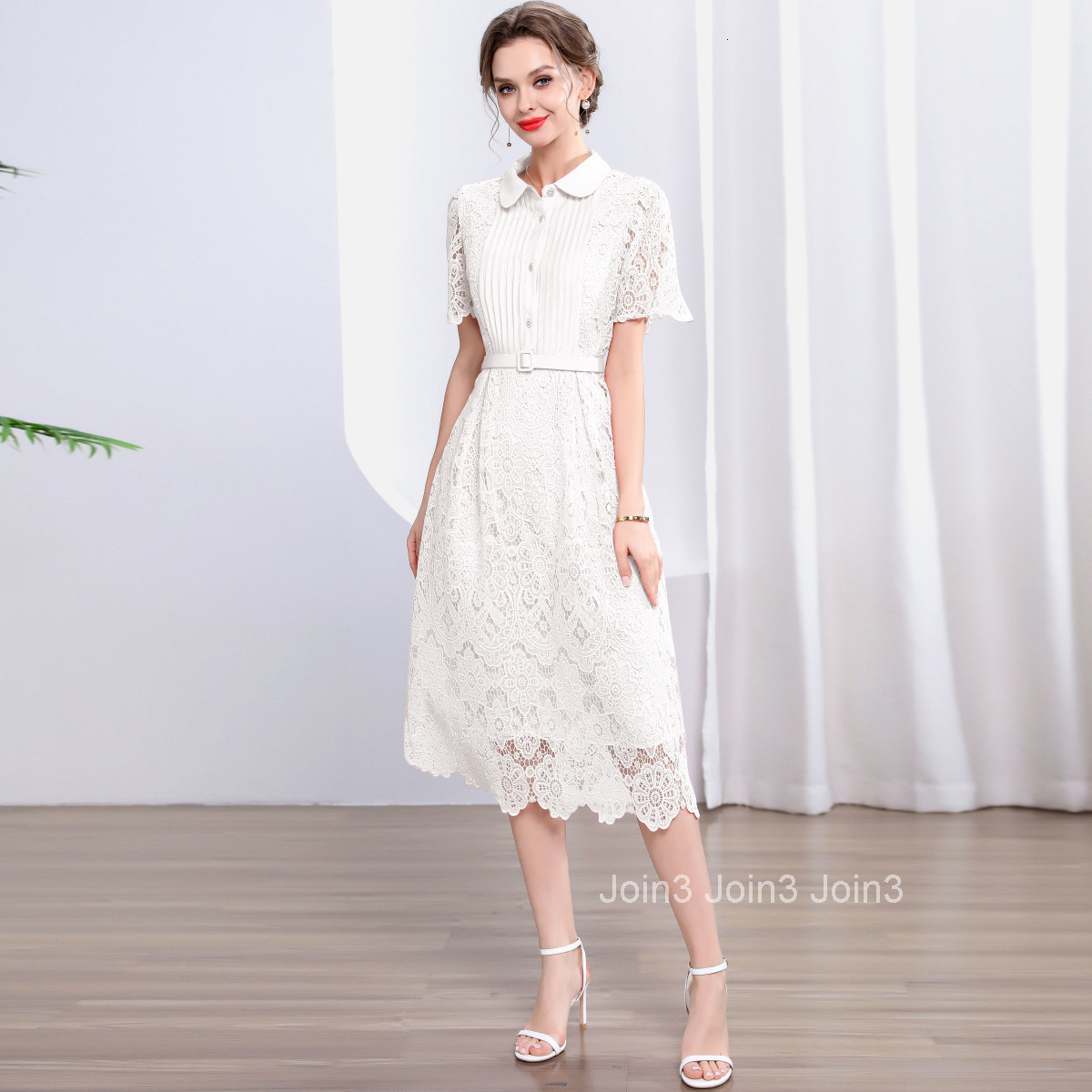 5868 Summer New Womens Long Dress Elegant Slim Waist Hollow Lace Dress