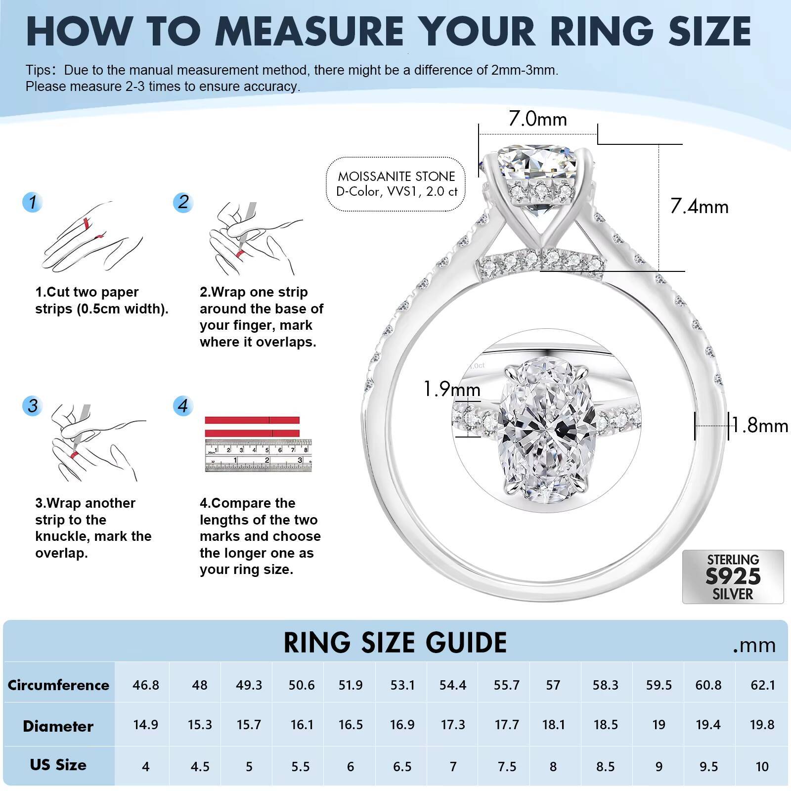 2.0 CT Oval Moissanite Engagement Ring VVS1 Lab Created Diamond Mossanite 925 Silver 18K White Gold Plated Women Wedding Ring