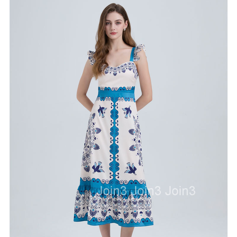 021 Summer New Womens Fashion Elegant Ruffled Strap High Waist Flared Printed Long Dress