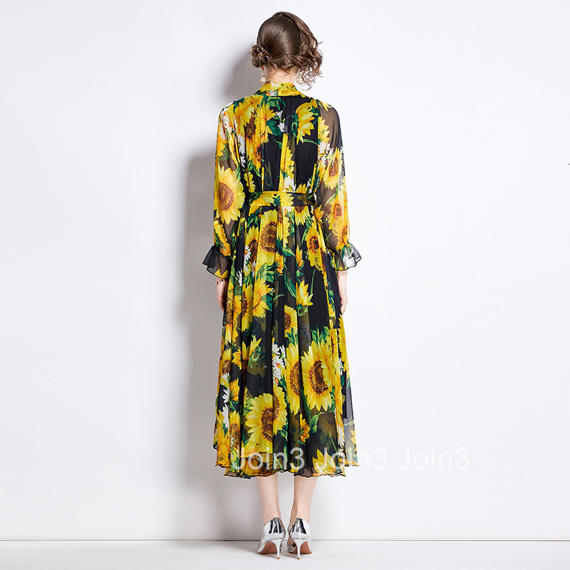 9329 Spring Summer New Womens Fashionable Chiffon Printed Long Sleeve Flared Long Dress