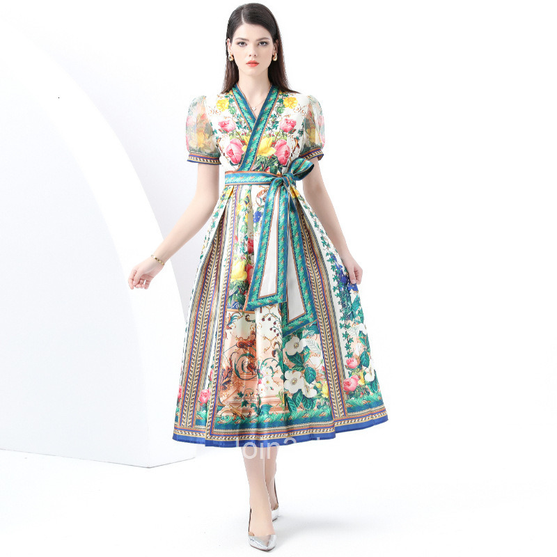6023 Early Spring New Womens Vacation Wrap Tie V-neck Lantern Sleeve Long Dress Printed Dress