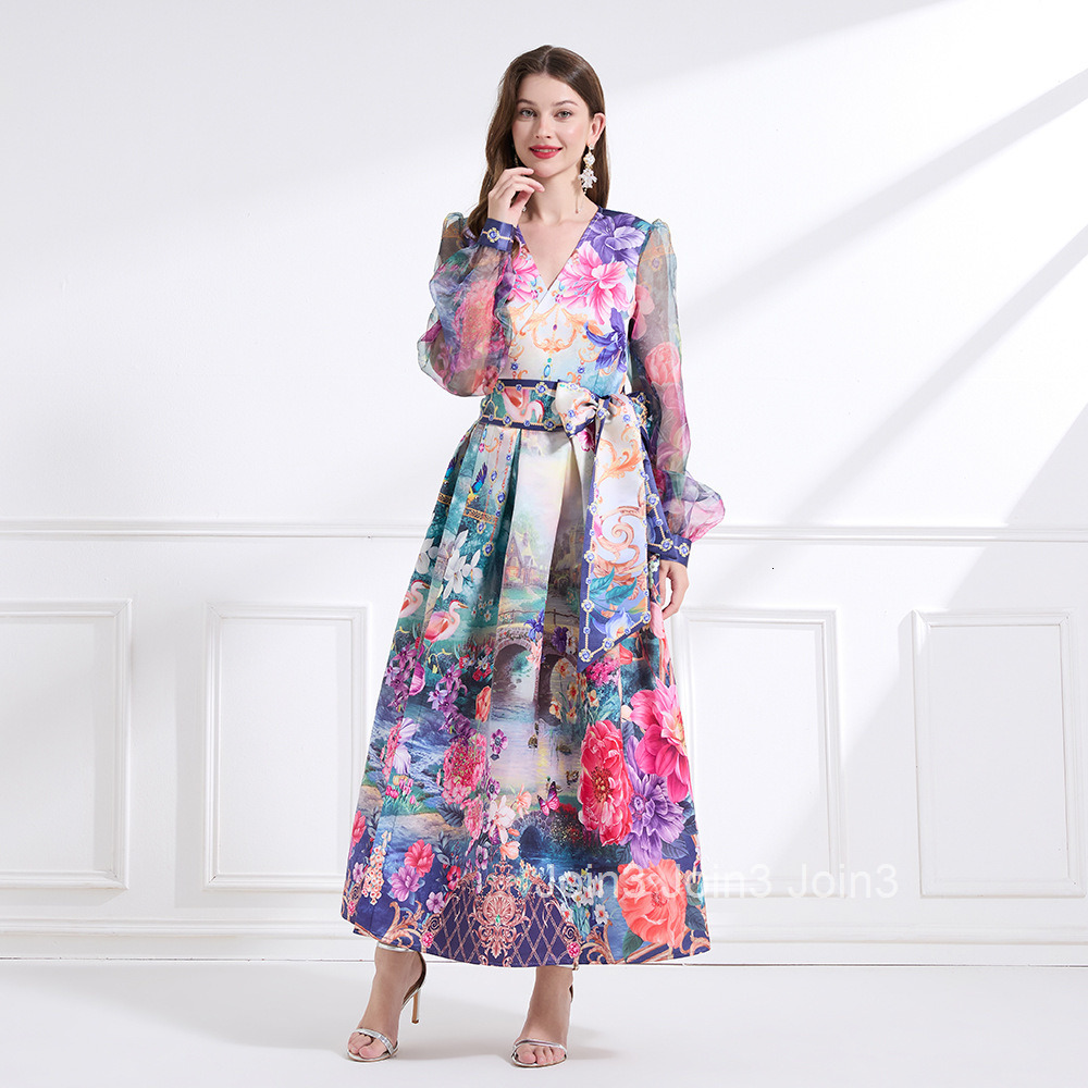 2180 Spring New Womens Vacation Style Tie Wrap Dress Lantern Sleeve Printed Flared Long Dress