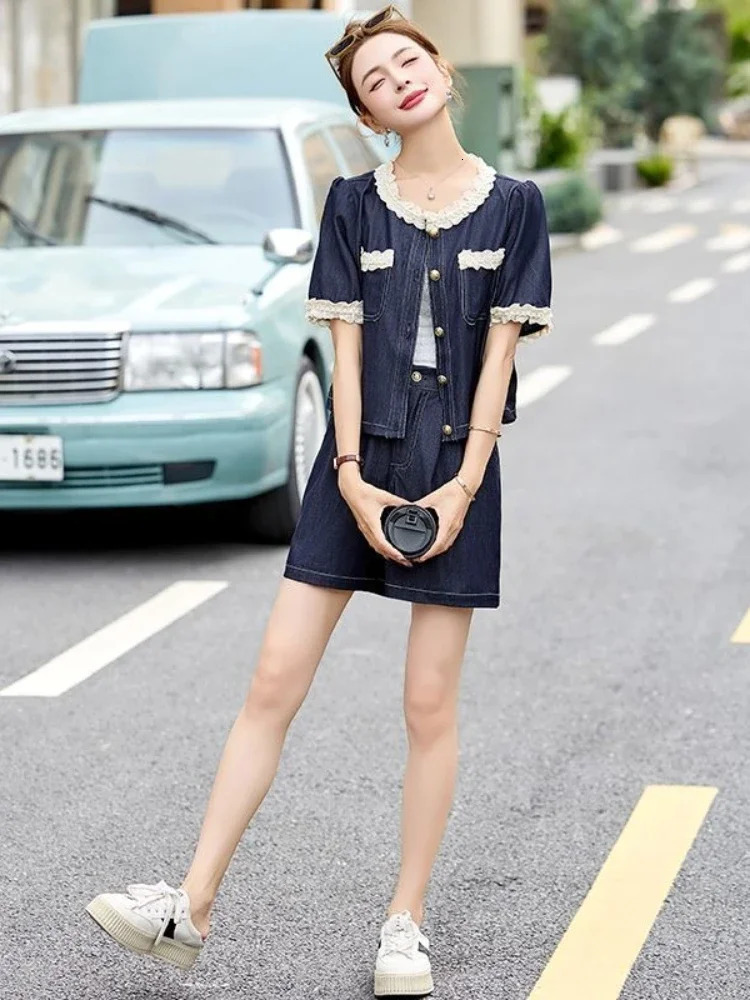 Wideleg Womens Short Sets 2 Pieces Denim Tailoring Offers in Matching Business Suit with Full Outfit Female Shorts 250717