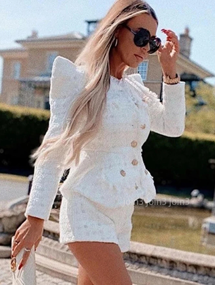 Elegant White Tweed Women Set Single-breasted Slim Tassels Jacket High Waist Shorts Suit Celebrity Party Sets Fall New
