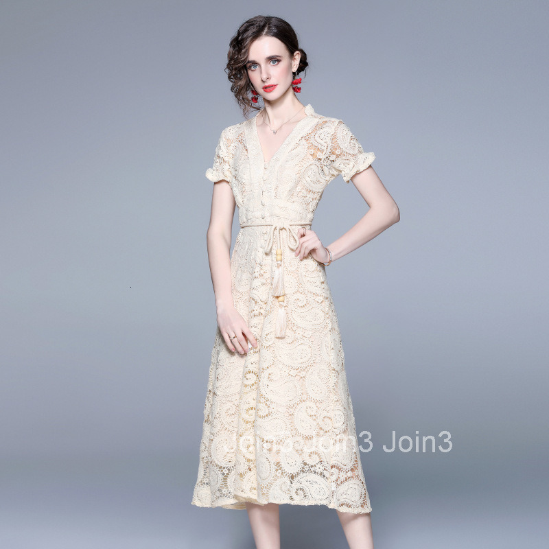 8326 Summer Heavy Craft French Court Lantern Sleeve Exquisite Water-Soluble Lace Long Dress with Waist Delivery