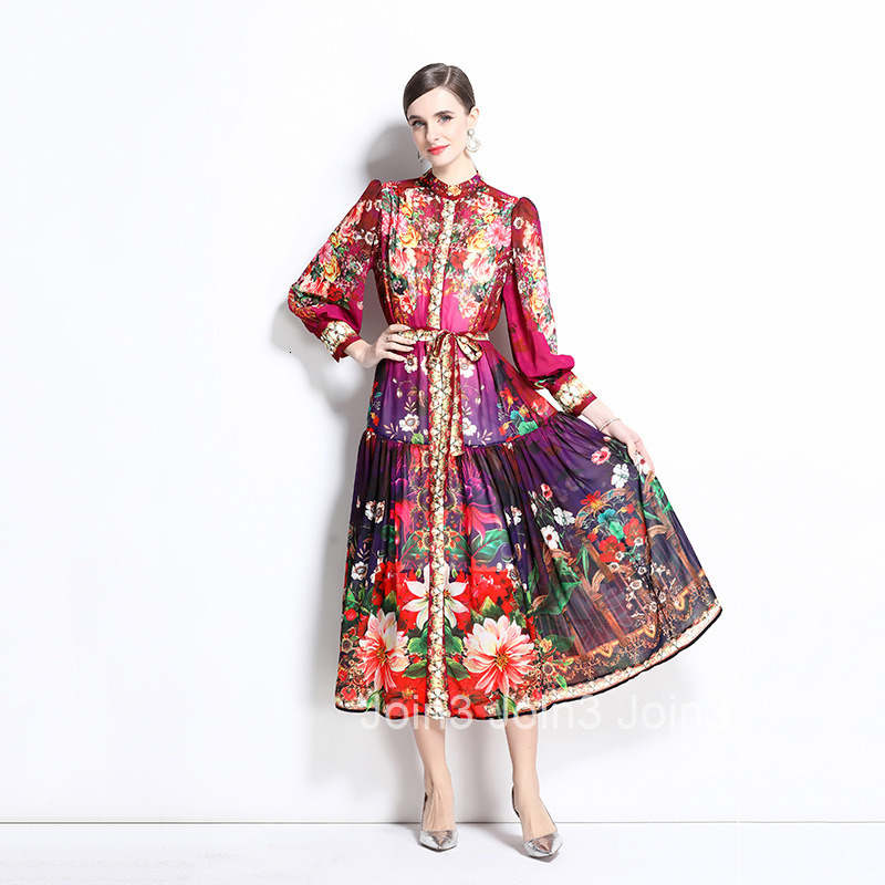 1241 Spring/Summer New Chiffon Stand up Collar Lantern Sleeve Printed Dress Long Skirt