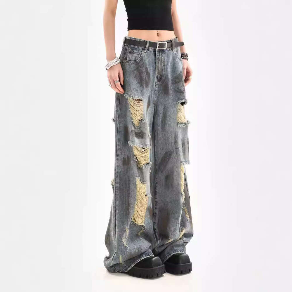 Vintage Style Distressed Jeans for Women 2024 Summer New American Loose Fit Draped Wide Leg Pants Trend